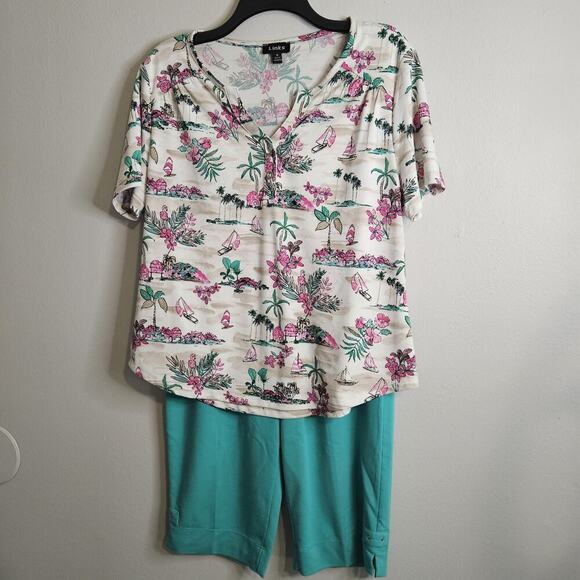 Links Womens 2pc Capri Set Green White Pull On Stretch Pockets Soft Knit Sz S - Picture 1 of 16